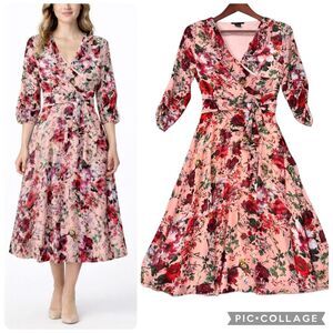 Robert Louis Pink Floral Wrap Midi Dress Tie Waist 3/4 Sleeve Romantic Cottageco